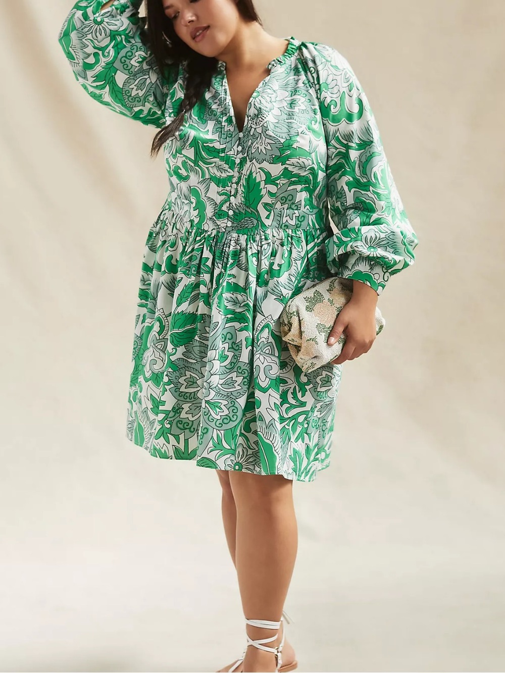 Anthropologie Let Me Be Green and White Floral Puff-Sleeve Mini Dress